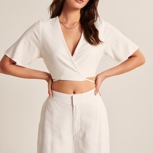 Short-Sleeve Linen-Blend Wrap Top